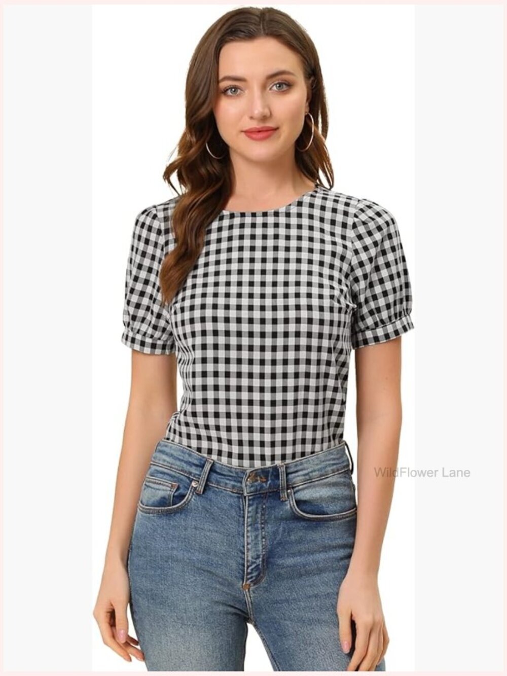 Puff Sleeve Gingham Top Crew Neck Cute Peasant Fitted Checkered Plaid Shirt